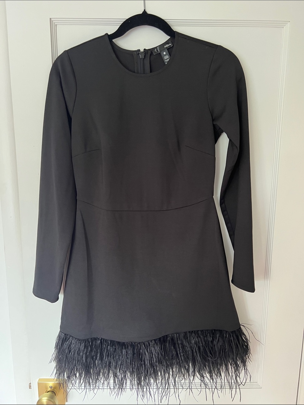 Aqua Black Long-Sleeve Feather-Hem Mini Dress
